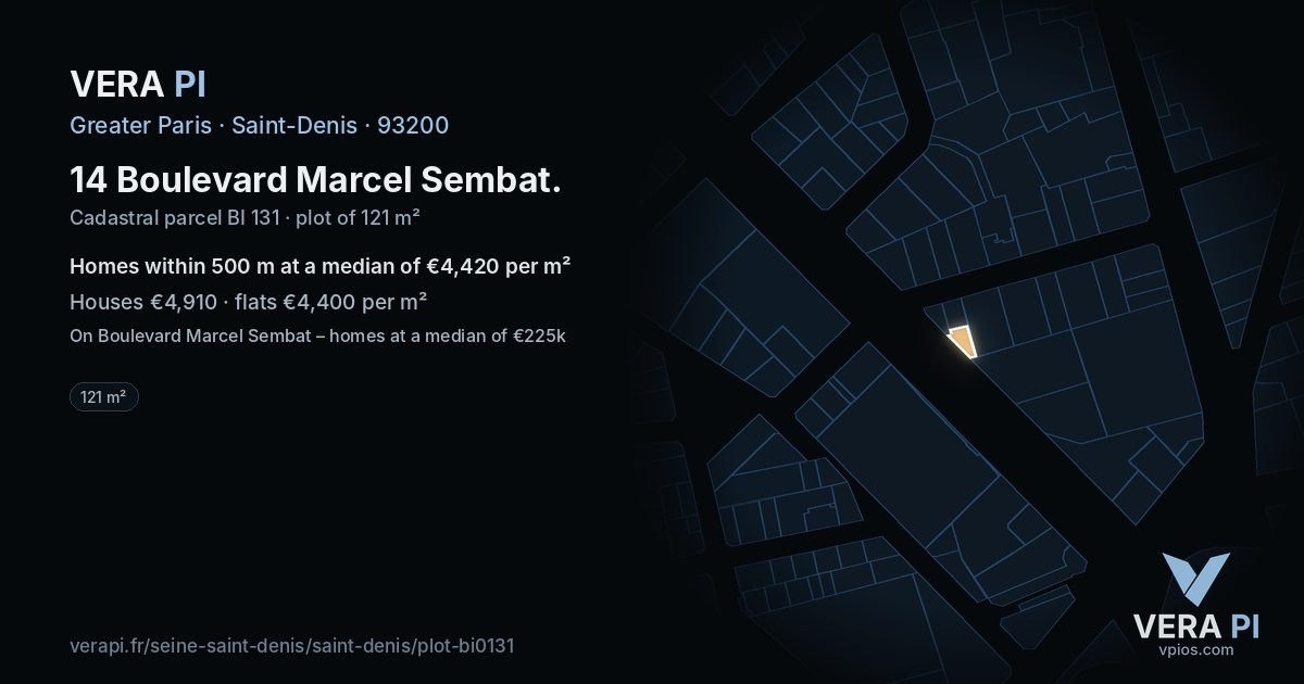 14 Boulevard Marcel Sembat, Saint-Denis at night – the plot lit, the parcels around coloured by the prices near them