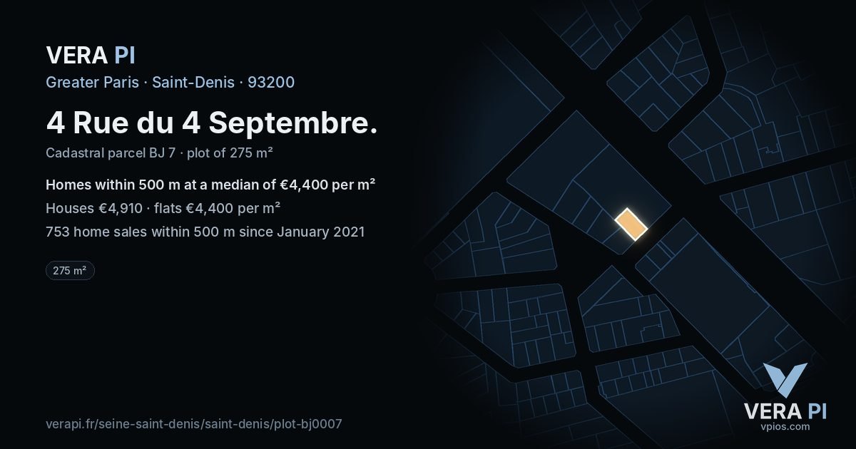 4 Rue du 4 Septembre, Saint-Denis at night – the plot lit, the parcels around coloured by the prices near them