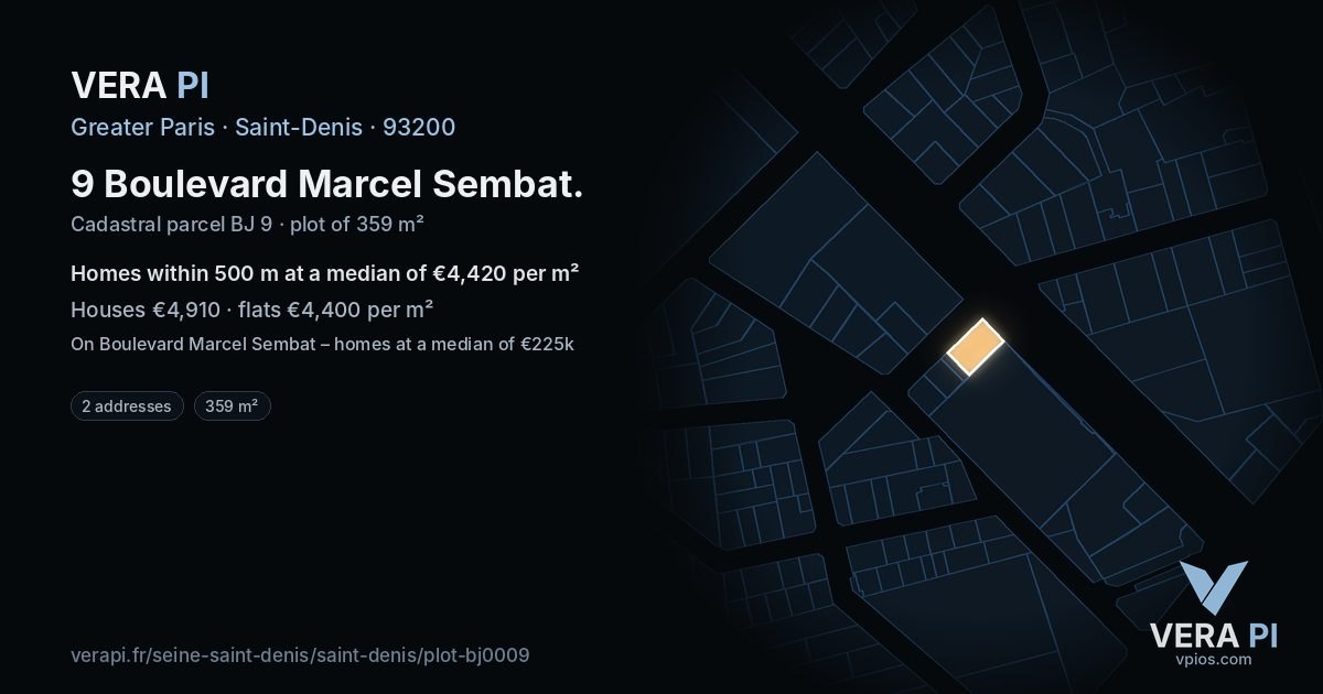 9 Boulevard Marcel Sembat, Saint-Denis at night – the plot lit, the parcels around coloured by the prices near them