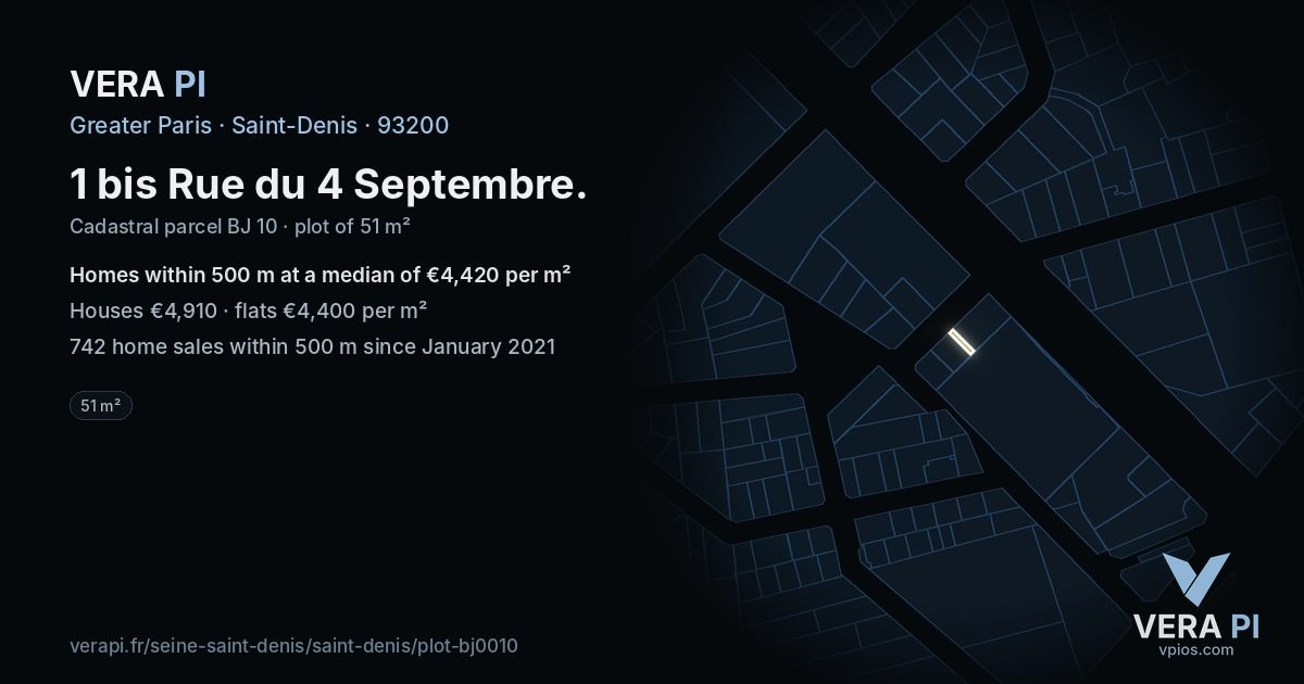 1 bis Rue du 4 Septembre, Saint-Denis at night – the plot lit, the parcels around coloured by the prices near them