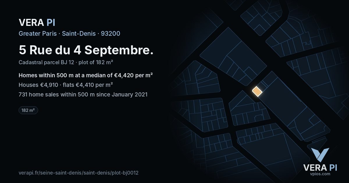 5 Rue du 4 Septembre, Saint-Denis at night – the plot lit, the parcels around coloured by the prices near them