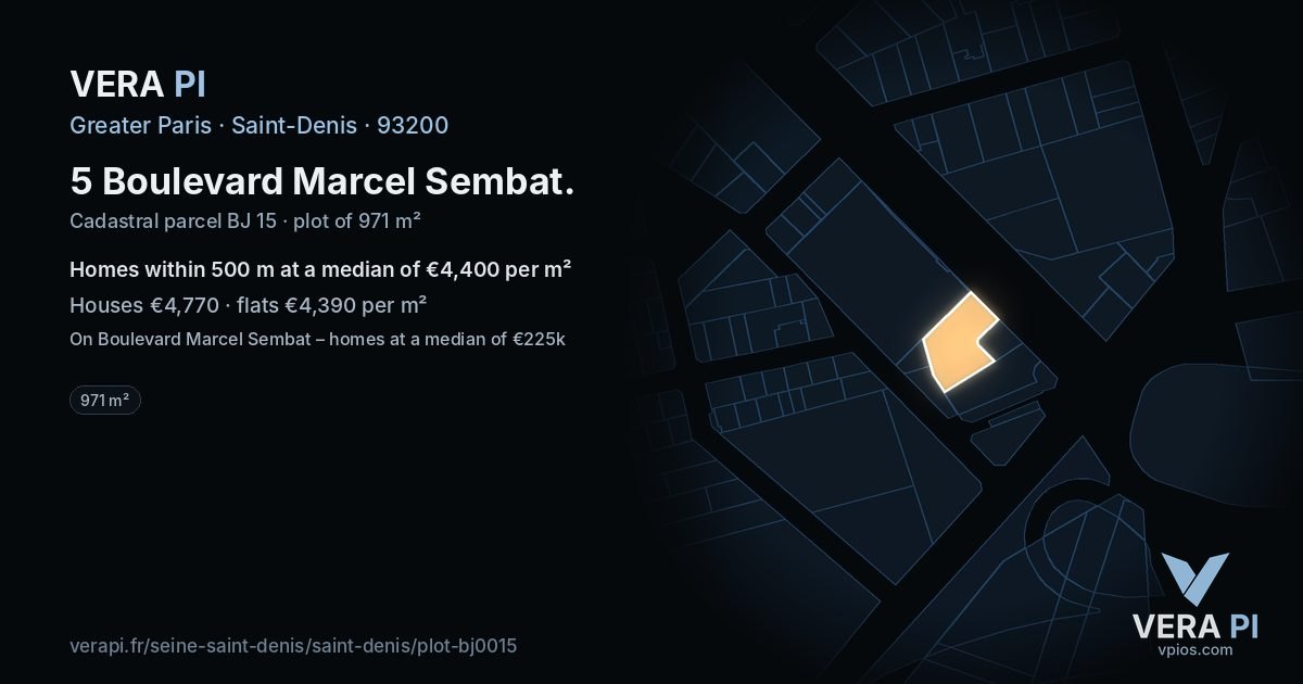 5 Boulevard Marcel Sembat, Saint-Denis at night – the plot lit, the parcels around coloured by the prices near them