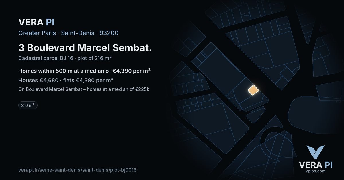 3 Boulevard Marcel Sembat, Saint-Denis at night – the plot lit, the parcels around coloured by the prices near them