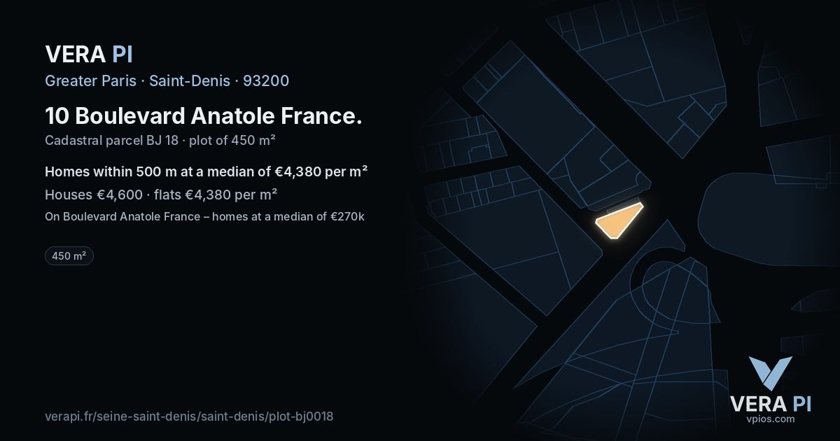 10 Boulevard Anatole France, Saint-Denis at night – the plot lit, the parcels around coloured by the prices near them