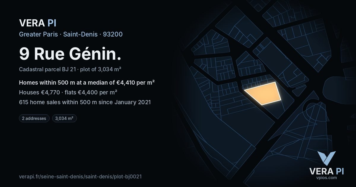 9 Rue Génin, Saint-Denis at night – the plot lit, the parcels around coloured by the prices near them