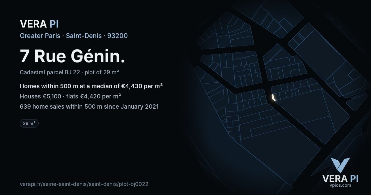 7 Rue Génin, Saint-Denis at night – the plot lit, the parcels around coloured by the prices near them