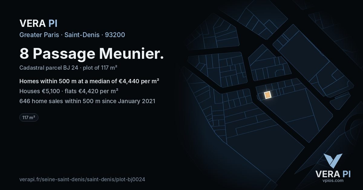 8 Passage Meunier, Saint-Denis at night – the plot lit, the parcels around coloured by the prices near them