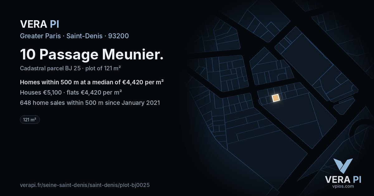 10 Passage Meunier, Saint-Denis at night – the plot lit, the parcels around coloured by the prices near them