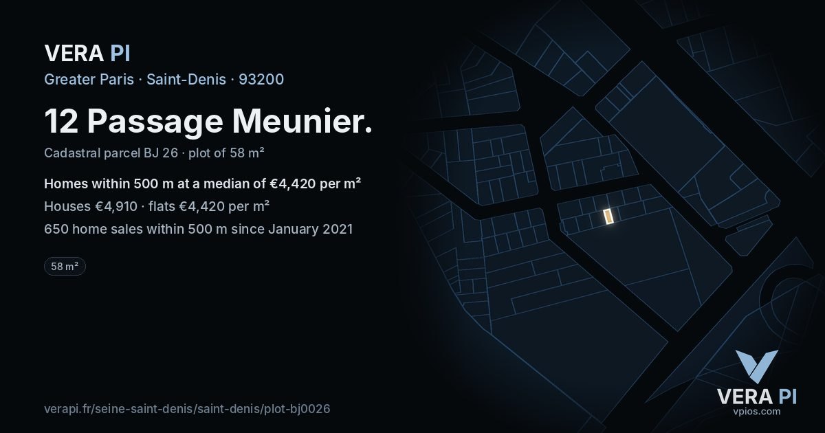 12 Passage Meunier, Saint-Denis at night – the plot lit, the parcels around coloured by the prices near them