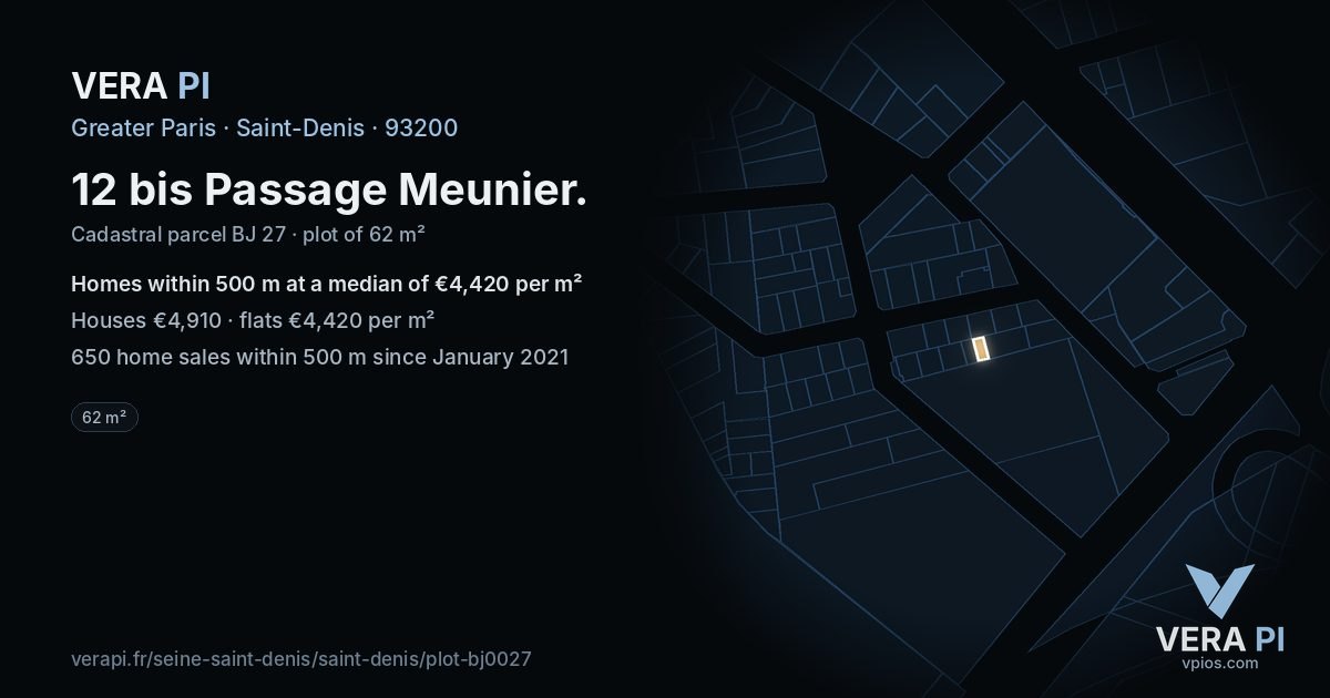 12 bis Passage Meunier, Saint-Denis at night – the plot lit, the parcels around coloured by the prices near them