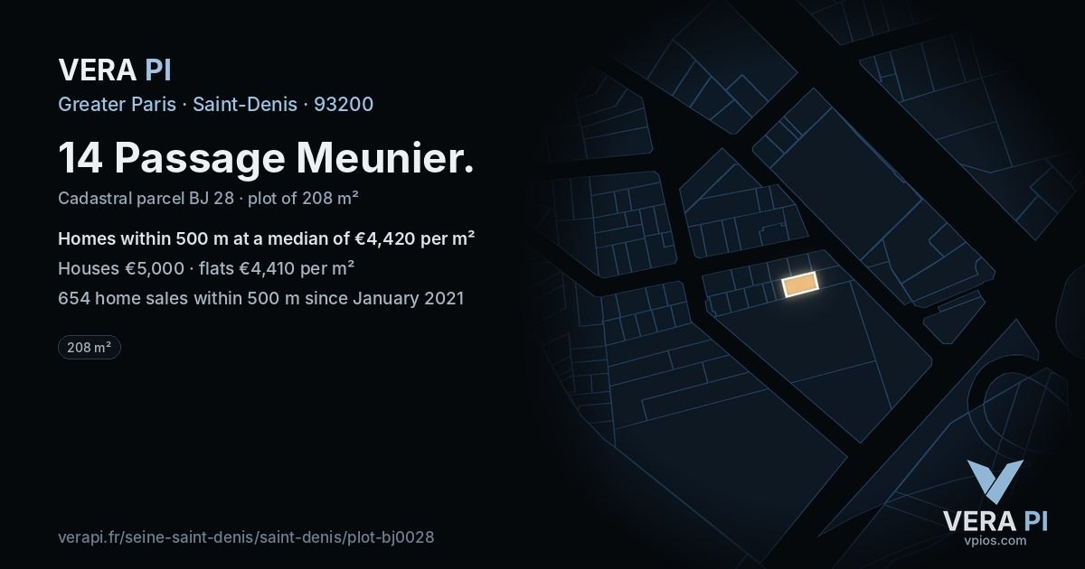 14 Passage Meunier, Saint-Denis at night – the plot lit, the parcels around coloured by the prices near them