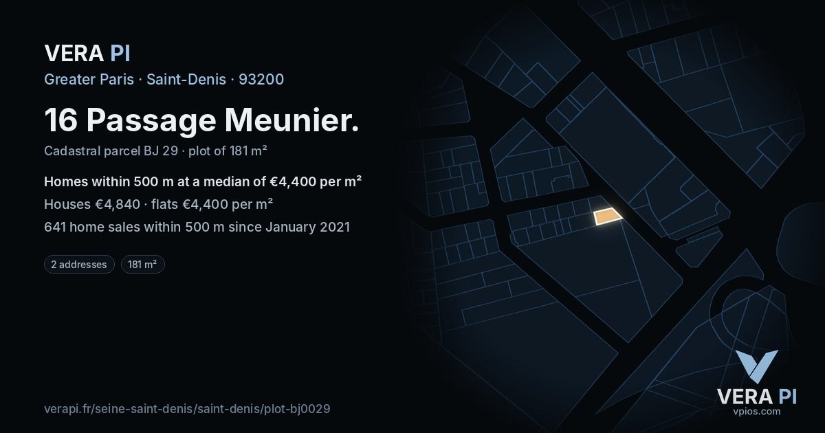 16 Passage Meunier, Saint-Denis at night – the plot lit, the parcels around coloured by the prices near them