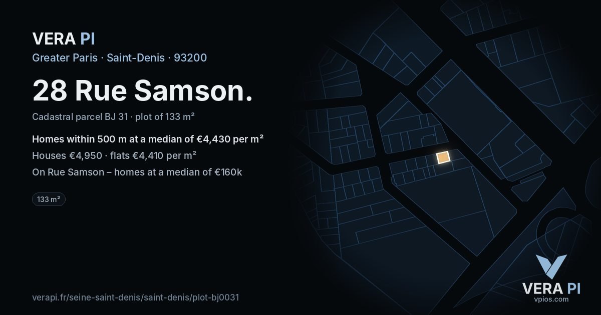28 Rue Samson, Saint-Denis at night – the plot lit, the parcels around coloured by the prices near them