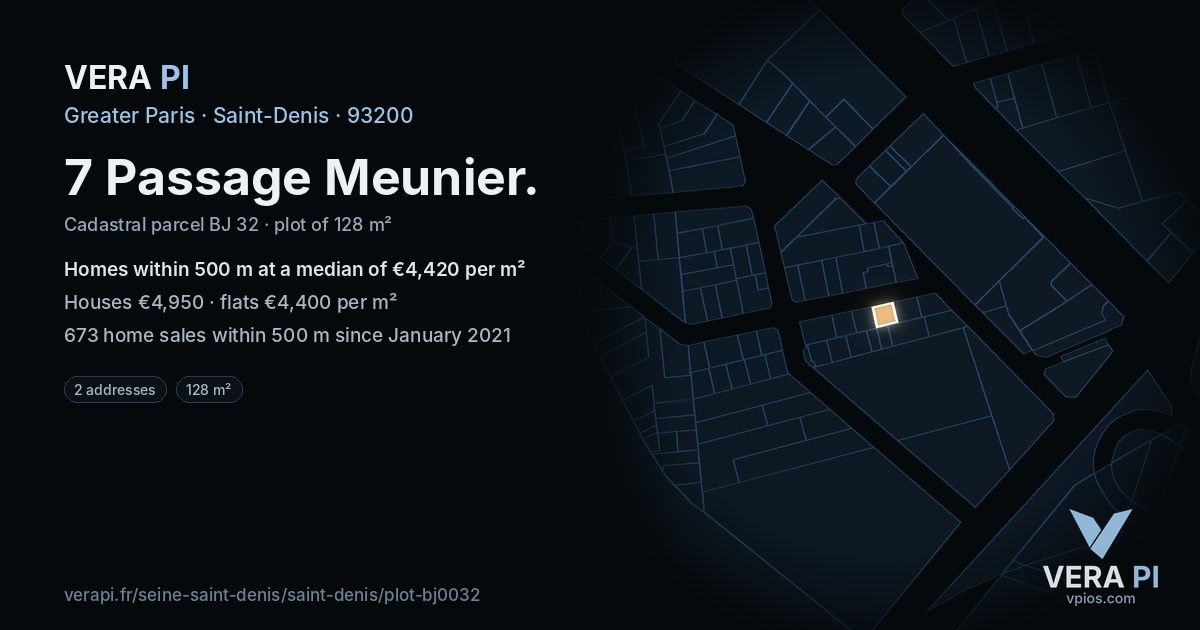 7 Passage Meunier, Saint-Denis at night – the plot lit, the parcels around coloured by the prices near them