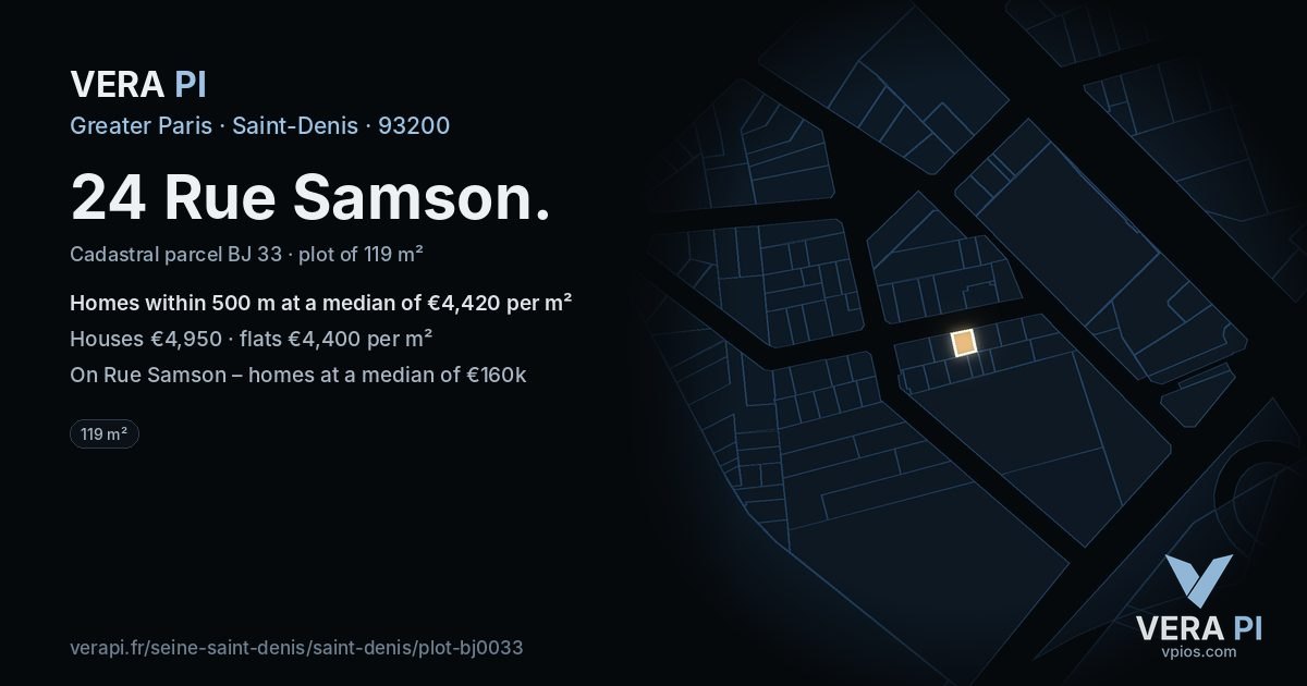 24 Rue Samson, Saint-Denis at night – the plot lit, the parcels around coloured by the prices near them