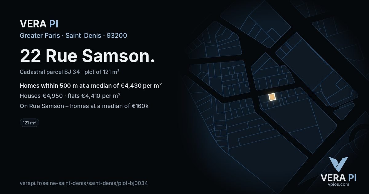 22 Rue Samson, Saint-Denis at night – the plot lit, the parcels around coloured by the prices near them