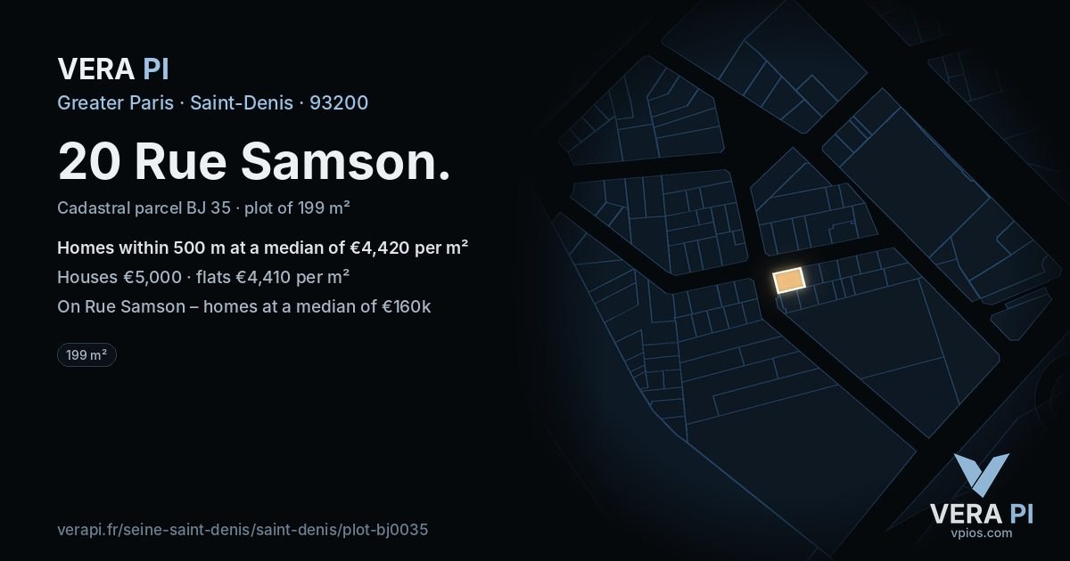 20 Rue Samson, Saint-Denis at night – the plot lit, the parcels around coloured by the prices near them