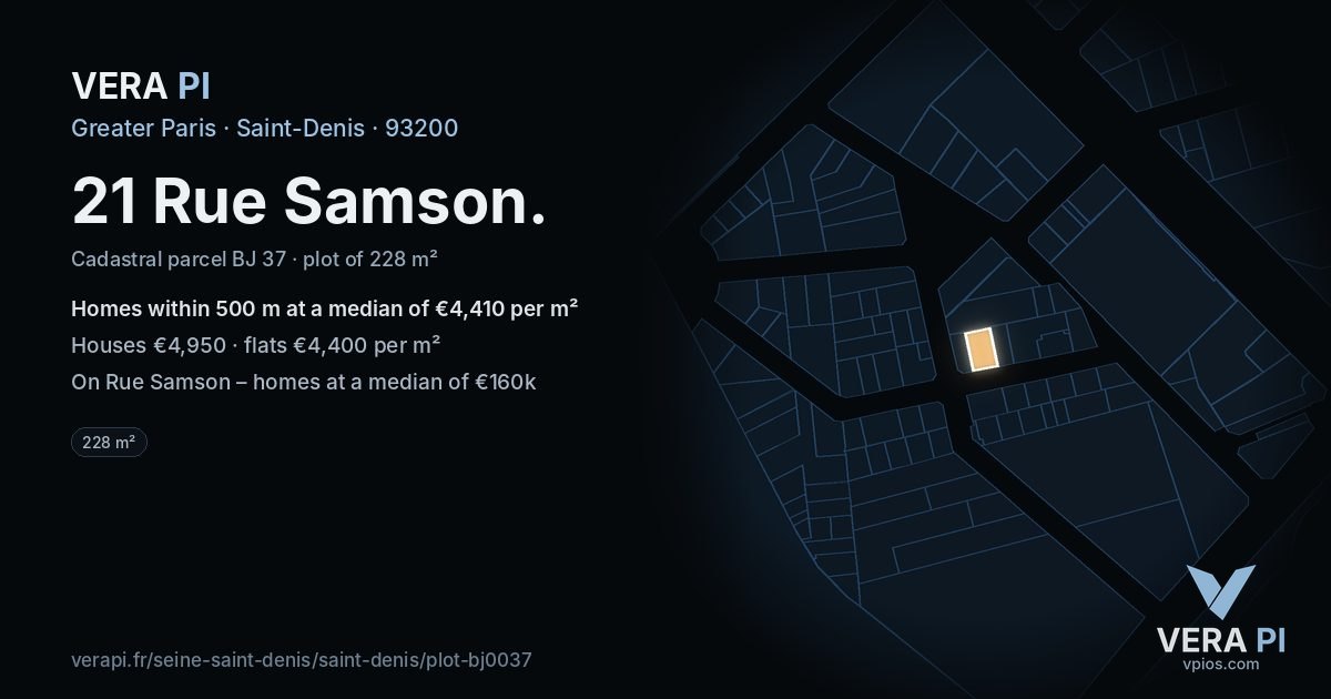 21 Rue Samson, Saint-Denis at night – the plot lit, the parcels around coloured by the prices near them