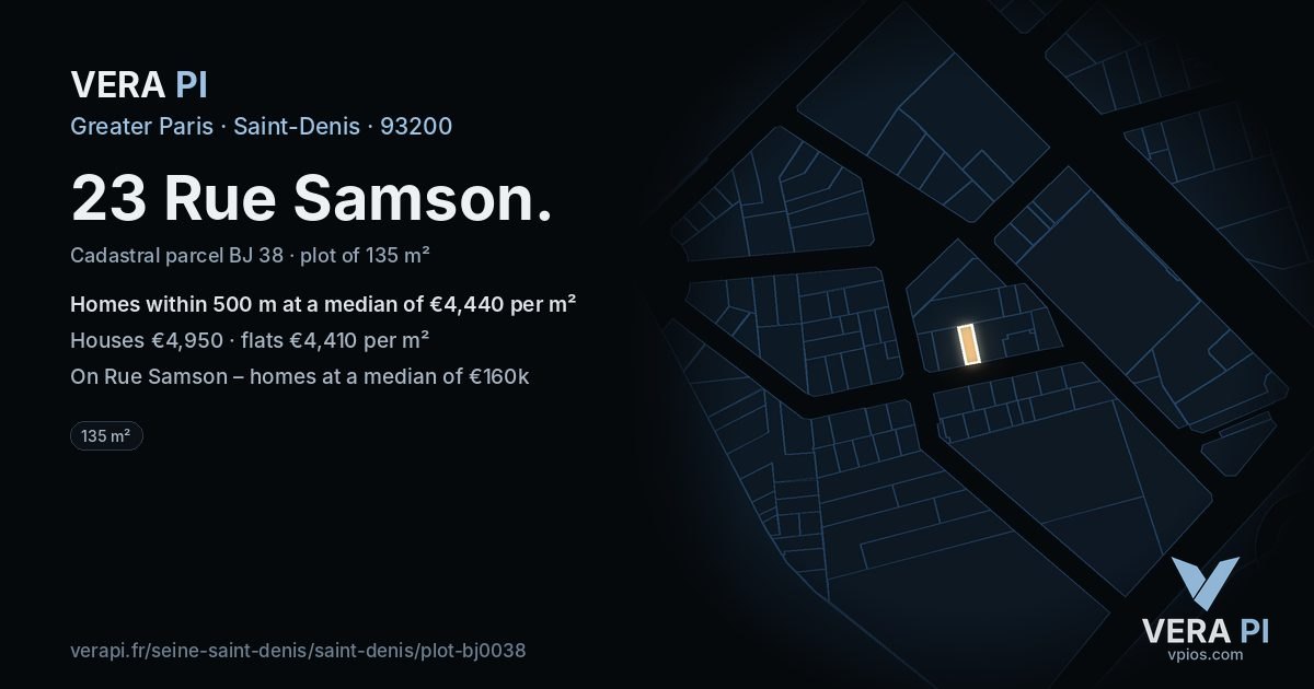 23 Rue Samson, Saint-Denis at night – the plot lit, the parcels around coloured by the prices near them