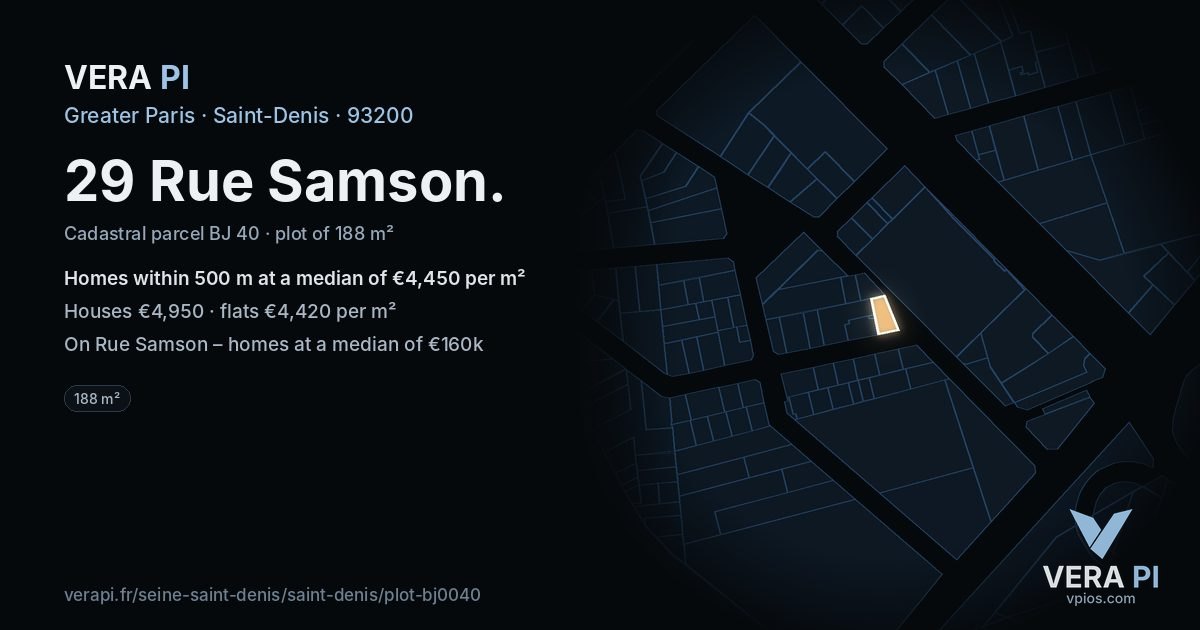 29 Rue Samson, Saint-Denis at night – the plot lit, the parcels around coloured by the prices near them