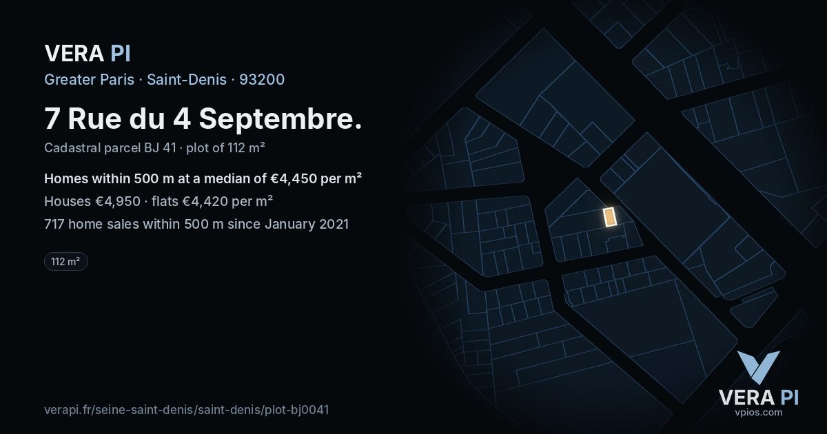 7 Rue du 4 Septembre, Saint-Denis at night – the plot lit, the parcels around coloured by the prices near them