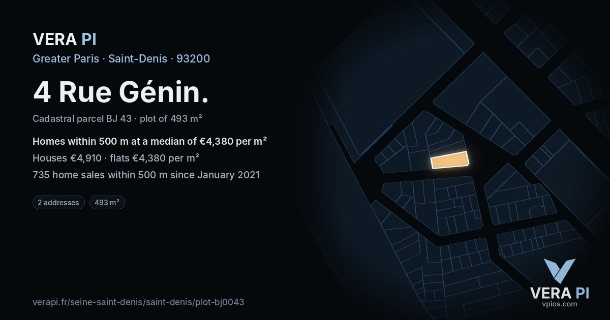 4 Rue Génin, Saint-Denis at night – the plot lit, the parcels around coloured by the prices near them
