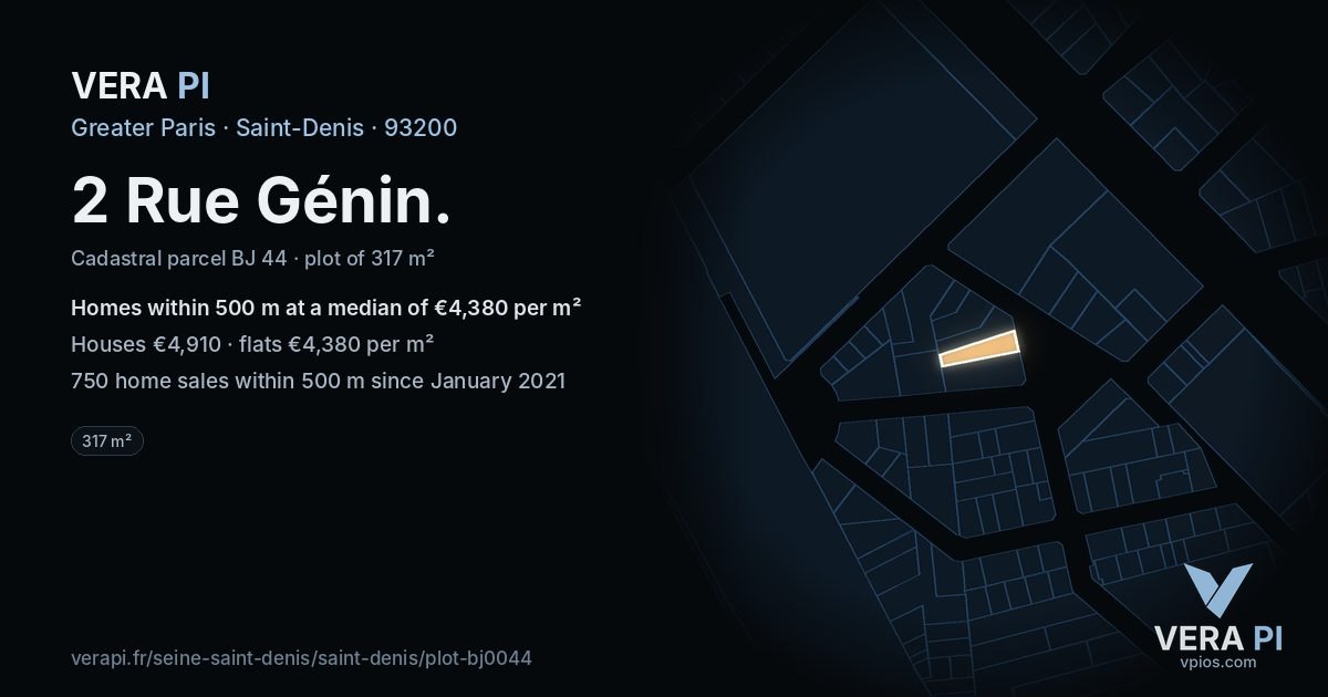 2 Rue Génin, Saint-Denis at night – the plot lit, the parcels around coloured by the prices near them