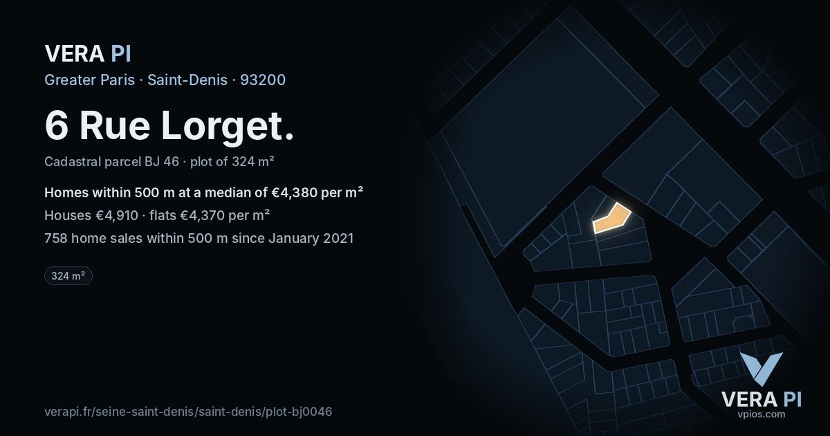 6 Rue Lorget, Saint-Denis at night – the plot lit, the parcels around coloured by the prices near them