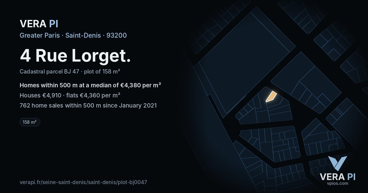 4 Rue Lorget, Saint-Denis at night – the plot lit, the parcels around coloured by the prices near them