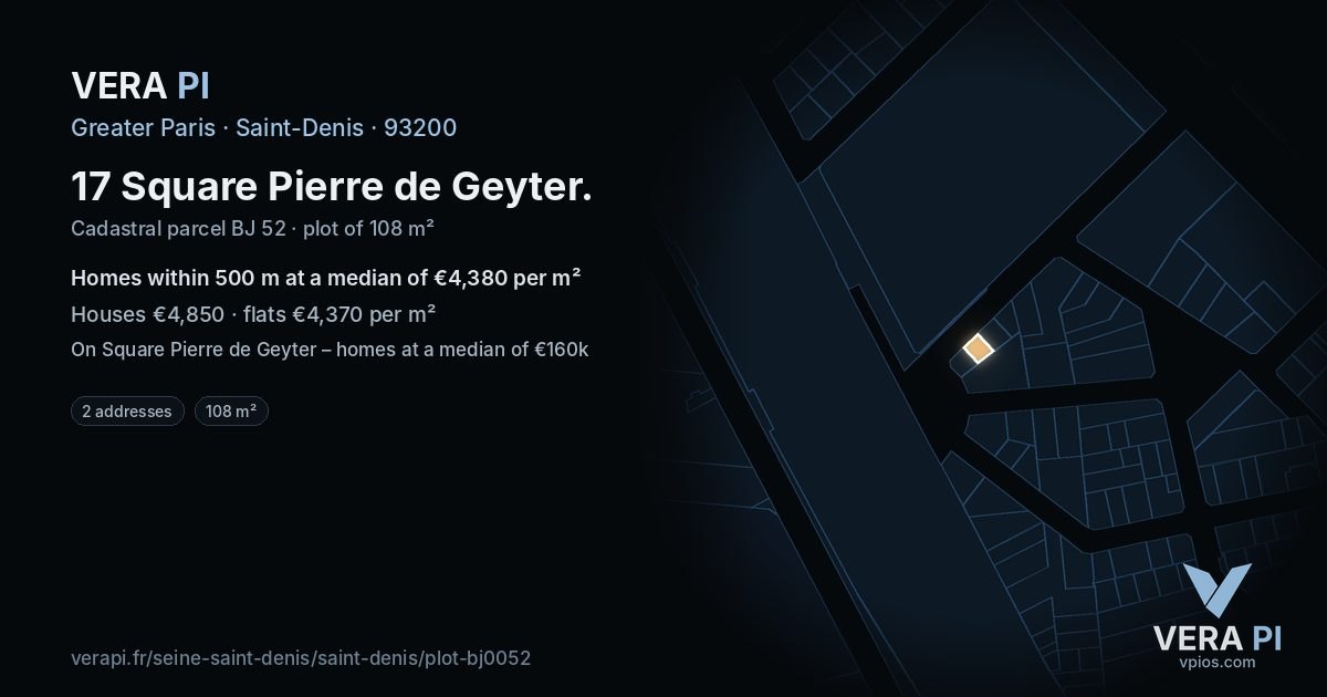 17 Square Pierre de Geyter, Saint-Denis at night – the plot lit, the parcels around coloured by the prices near them