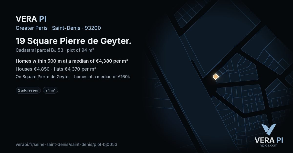 19 Square Pierre de Geyter, Saint-Denis at night – the plot lit, the parcels around coloured by the prices near them
