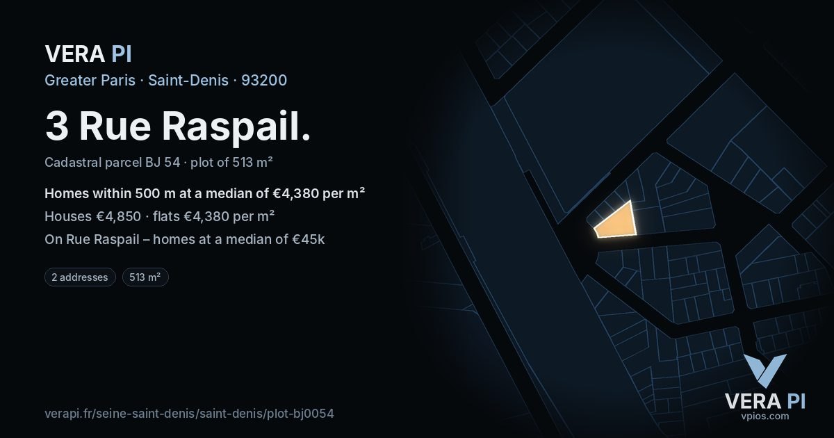 3 Rue Raspail, Saint-Denis at night – the plot lit, the parcels around coloured by the prices near them
