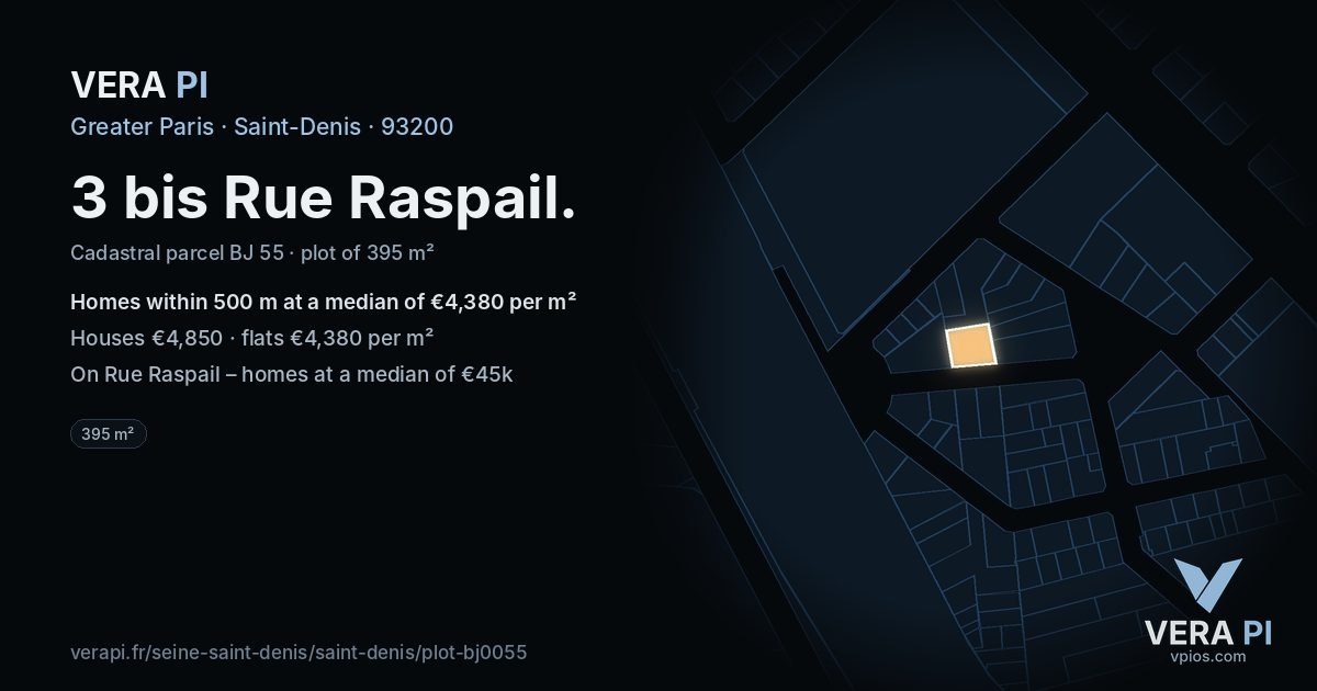 3 bis Rue Raspail, Saint-Denis at night – the plot lit, the parcels around coloured by the prices near them