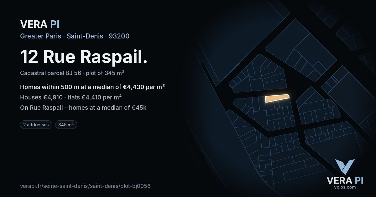 12 Rue Raspail, Saint-Denis at night – the plot lit, the parcels around coloured by the prices near them