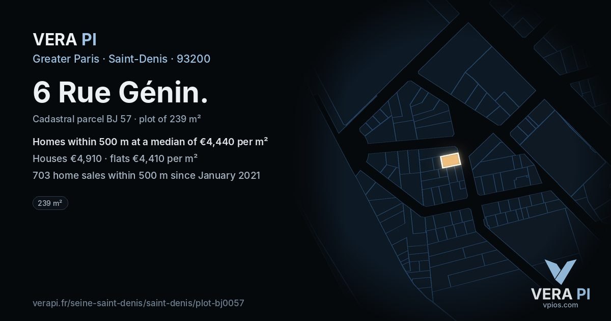 6 Rue Génin, Saint-Denis at night – the plot lit, the parcels around coloured by the prices near them