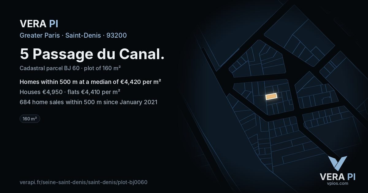 5 Passage du Canal, Saint-Denis at night – the plot lit, the parcels around coloured by the prices near them