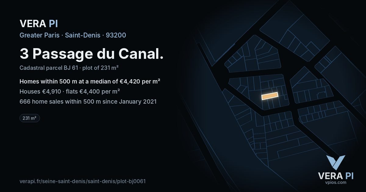 3 Passage du Canal, Saint-Denis at night – the plot lit, the parcels around coloured by the prices near them