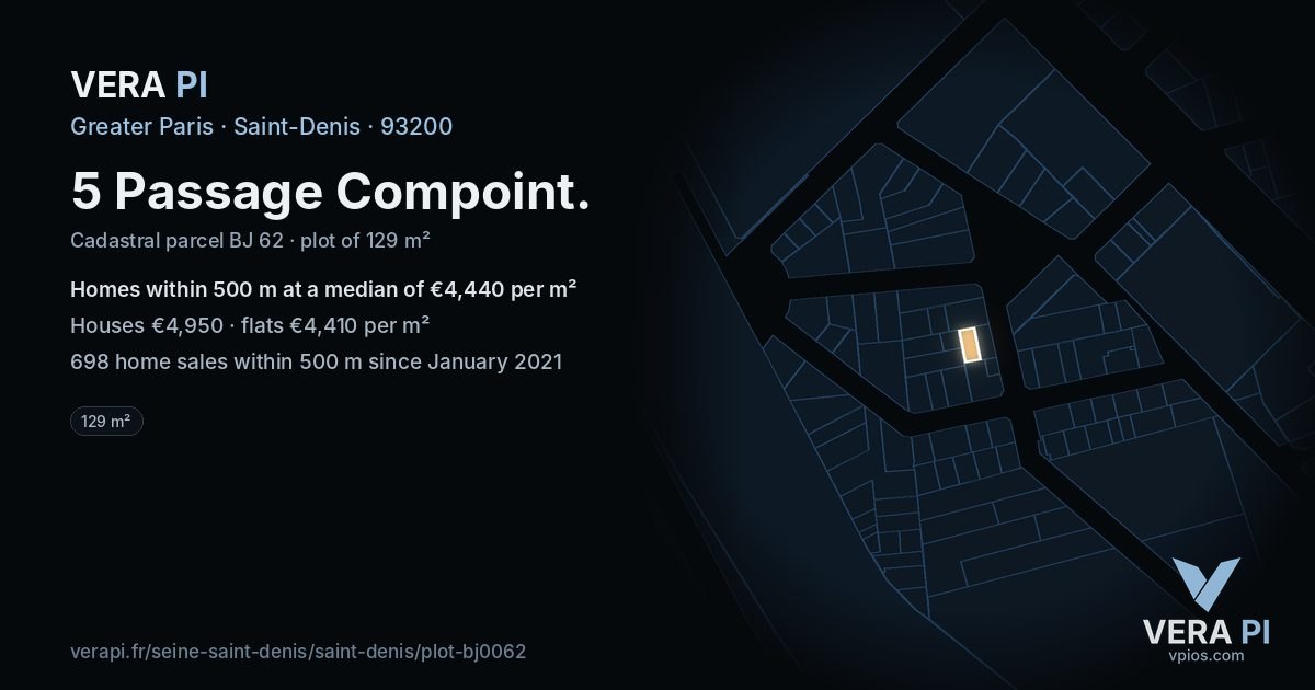 5 Passage Compoint, Saint-Denis at night – the plot lit, the parcels around coloured by the prices near them