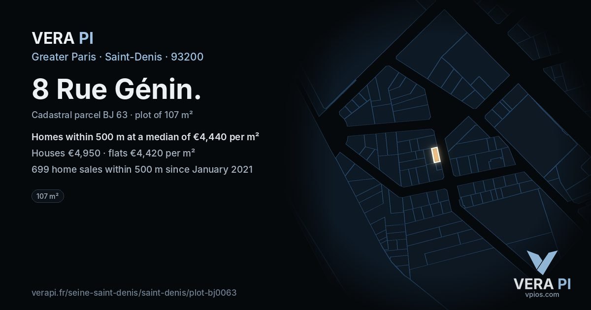 8 Rue Génin, Saint-Denis at night – the plot lit, the parcels around coloured by the prices near them