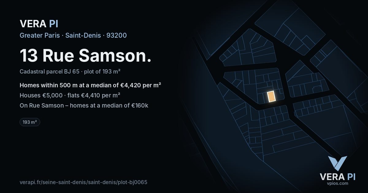 13 Rue Samson, Saint-Denis at night – the plot lit, the parcels around coloured by the prices near them