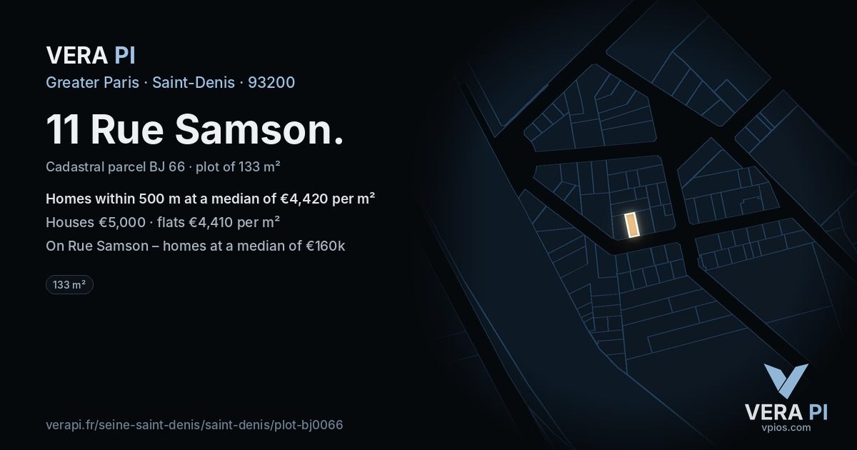11 Rue Samson, Saint-Denis at night – the plot lit, the parcels around coloured by the prices near them