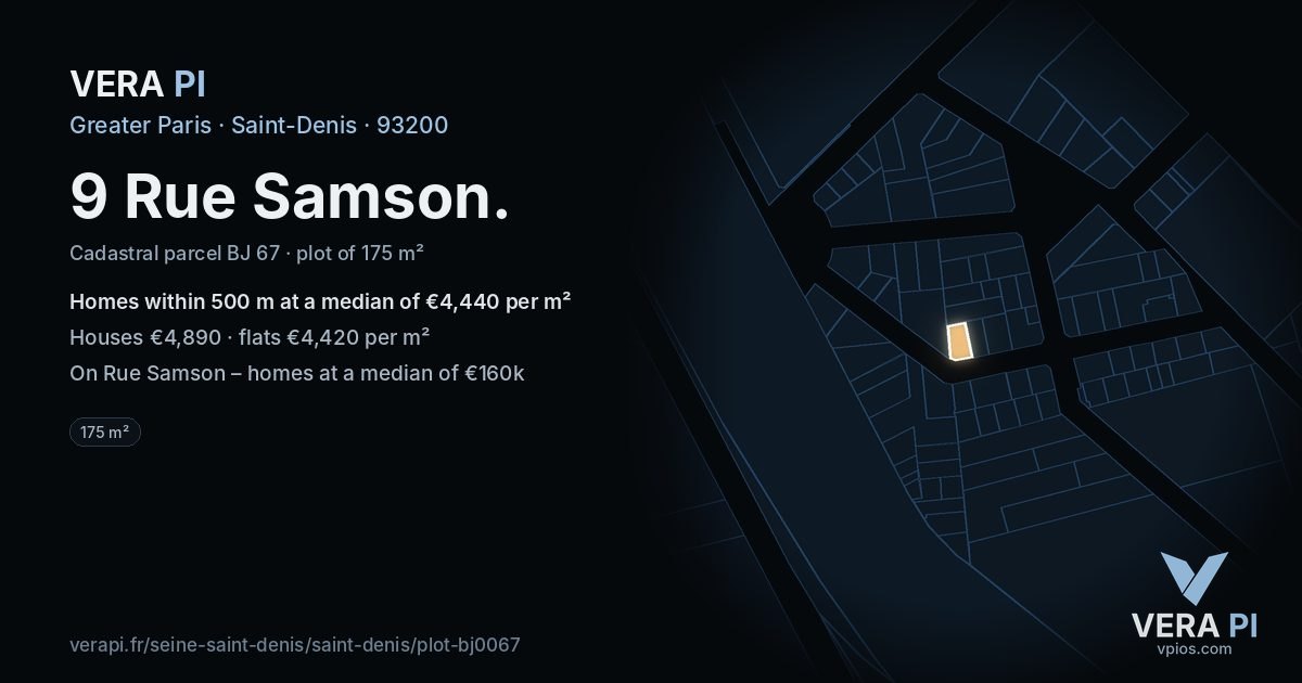 9 Rue Samson, Saint-Denis at night – the plot lit, the parcels around coloured by the prices near them