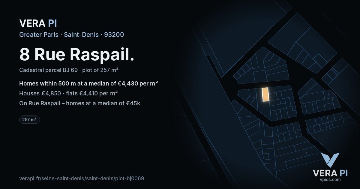 8 Rue Raspail, Saint-Denis at night – the plot lit, the parcels around coloured by the prices near them