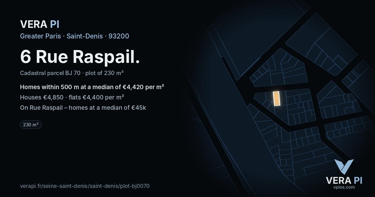 6 Rue Raspail, Saint-Denis at night – the plot lit, the parcels around coloured by the prices near them