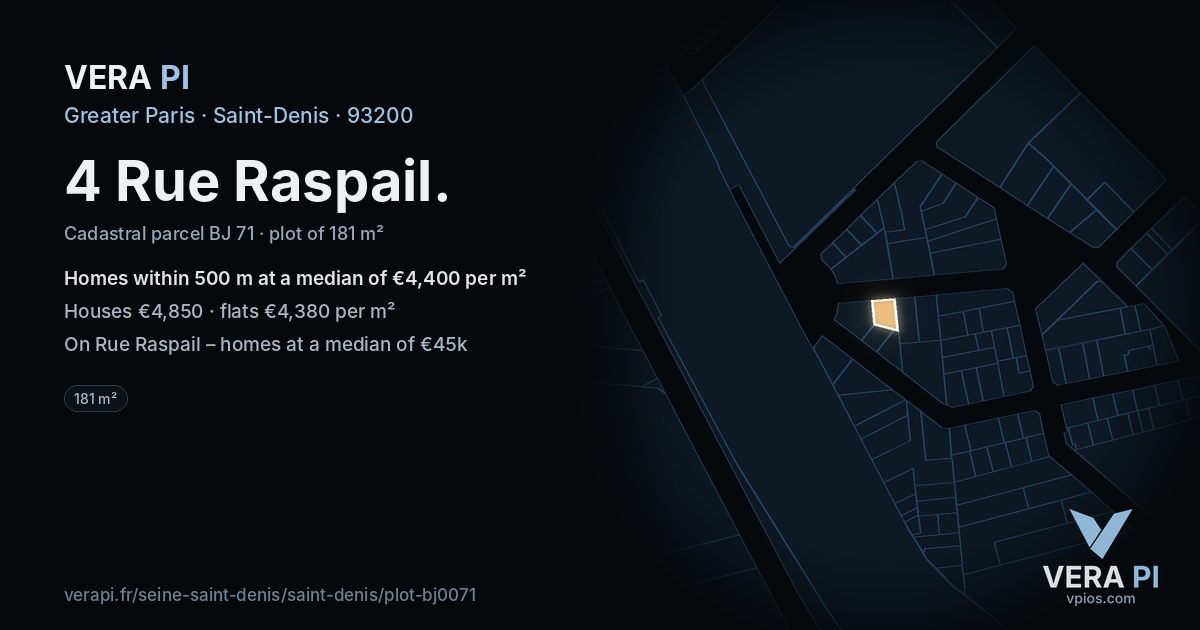 4 Rue Raspail, Saint-Denis at night – the plot lit, the parcels around coloured by the prices near them