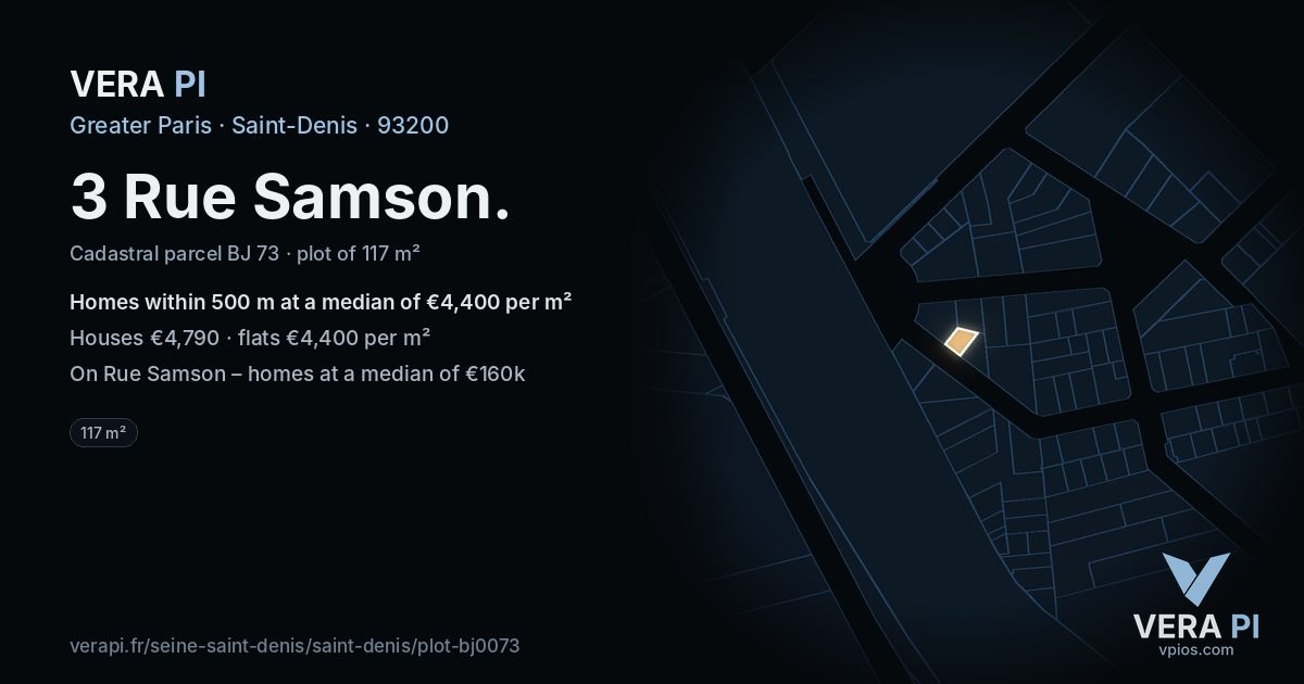 3 Rue Samson, Saint-Denis at night – the plot lit, the parcels around coloured by the prices near them