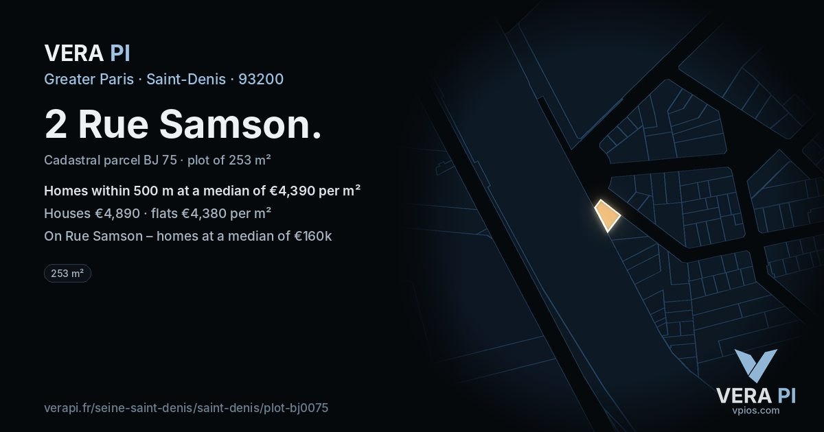 2 Rue Samson, Saint-Denis at night – the plot lit, the parcels around coloured by the prices near them