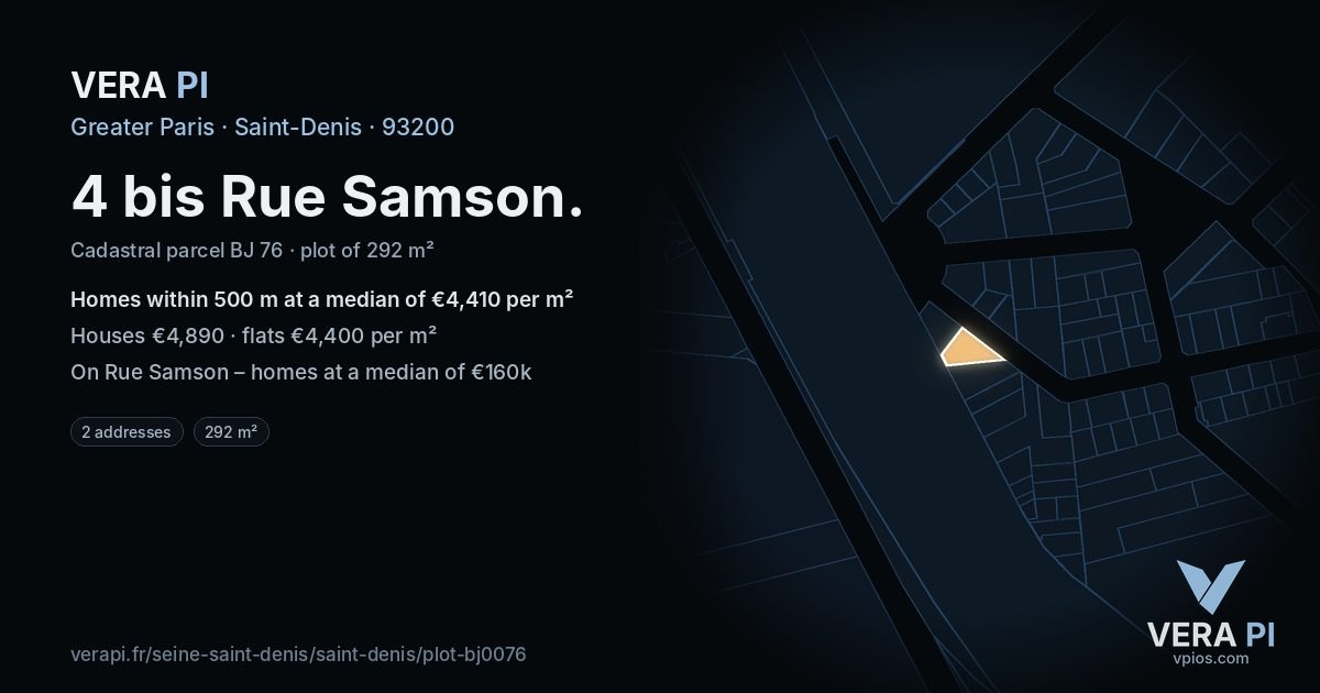 4 bis Rue Samson, Saint-Denis at night – the plot lit, the parcels around coloured by the prices near them
