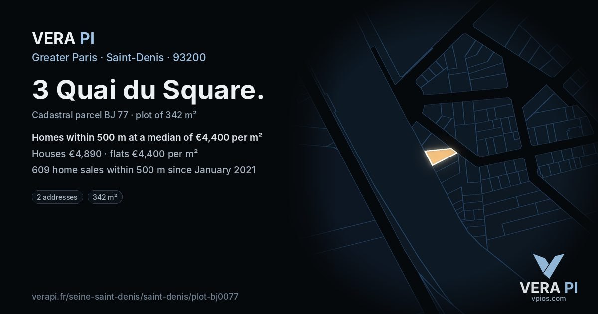 3 Quai du Square, Saint-Denis at night – the plot lit, the parcels around coloured by the prices near them