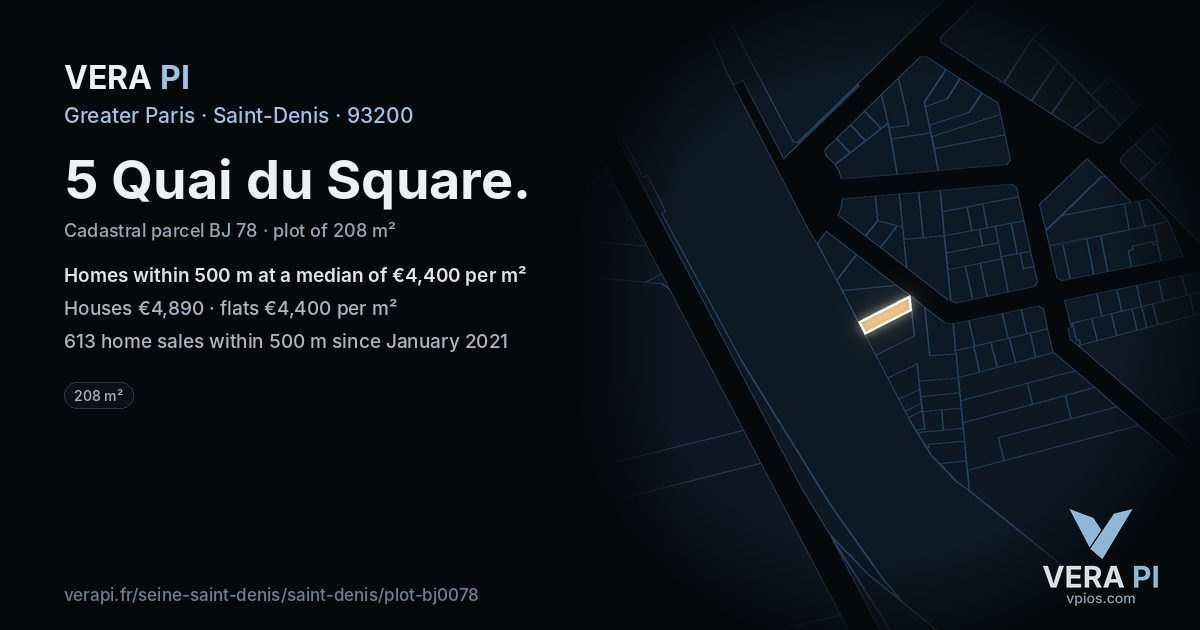 5 Quai du Square, Saint-Denis at night – the plot lit, the parcels around coloured by the prices near them